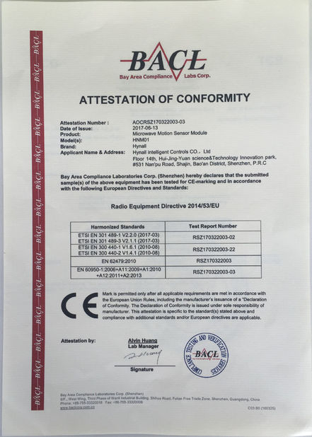 China Hynall Intelligent Control Co. Ltd certificaciones